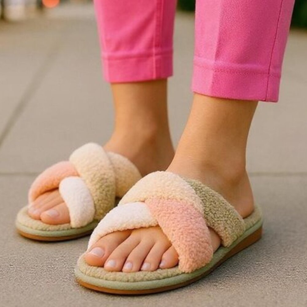 FEELGOODZ Sherpa Criss Cross Slippers 8 Braided SOFT FLUFF Neutral Blush Pastels